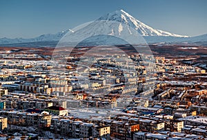 Petropavlovsk-Kamchatsky cityscape and Koryaksky volcano