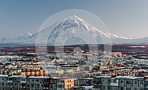 Petropavlovsk-Kamchatsky cityscape and Koryaksky volcano photo