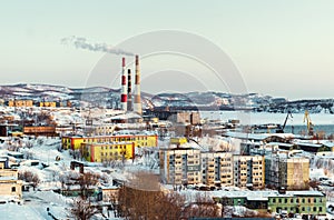 Petropavlovsk-Kamchatsky cityscape, power plant ans seaport