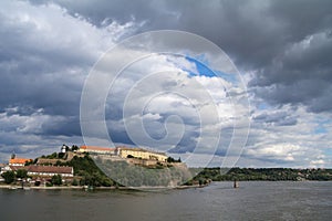 Petrovaradin Fortress in Novi Sad, Serbia, on Danube river, on a cloudy summer afternoon.