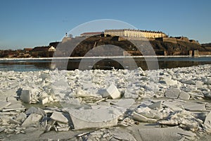 Petrovaradin fortress in Novi Sad, Serbia and frozen Danube riv