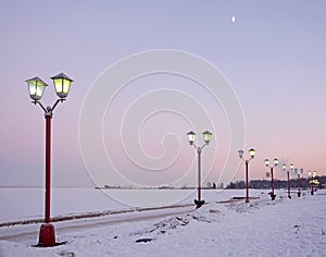 Petrozavodsk city embankment on the sunset. Onego lake bank in Petrozavodsk, Russia