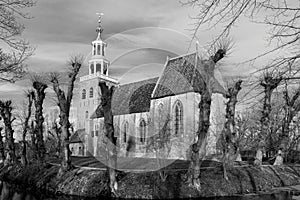 The Petrus church photographed in black and white, village Pieterburen