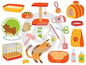 Pets accessories. Domestic animals care tools. Veterinary store. Birds cages. Beds and carriers for cat. Scratching post