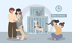 Pets adoption from animal shelter. People hold kitten and dog. Flat cartoon cats and dogs in cages. Volunteer adopted