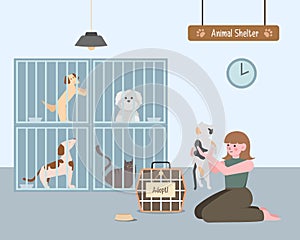 Pets adoption from animal shelter. People hold kitten and dog. Flat cartoon cats and dogs in cages. Volunteer adopted