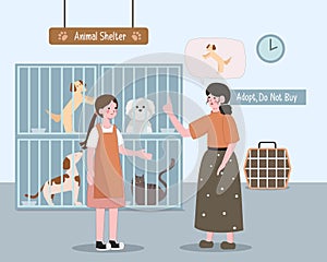 Pets adoption from animal shelter. People hold kitten and dog. Flat cartoon cats and dogs in cages. Volunteer adopted
