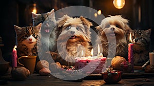 Pets\' birthday. Cats and dogs sit near a birthday cake with candles