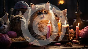 Pets\' birthday. Cats and dogs sit near a birthday cake with candles