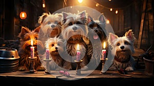 Pets\' birthday. Cats and dogs sit near a birthday cake with candles at a birthday