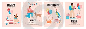 Pets birthday party cards or invitations collection, flat vector illustration.
