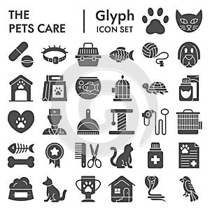 Pets care glyph icon set, vet symbols collection, vector sketches, logo illustrations, animal signs solid pictograms