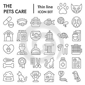 Pets care thin line icon set, vet symbols collection, vector sketches, logo illustrations, animal signs linear