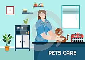Pets Care Vector Illustration with Animal Shelter or Vet Clinic for Taking Care of Dog or Cat in Healthcare Flat Cartoon
