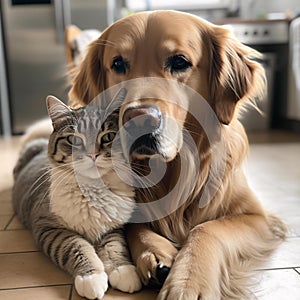 Pets cat and dog hugging together at home, animal friendship in the family. Generative AI