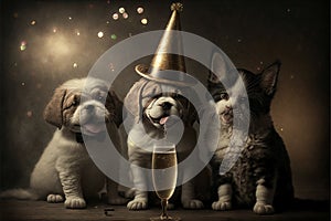 Pets celebrating new year eve illustration generative ai