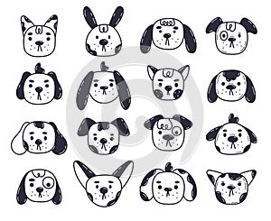 Pets faces. Cartoon cute cats and dogs muzzles, funny puppy avatars. Domestic animals portraits flat vector illustration set