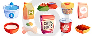 Pets food. Cartoon dog and cat bowl with meal, kitten plate with wet food, feline dish with dry snack. Vector flat food