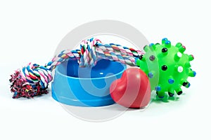 Pets are friends concept. Pet bowl and rubber toys