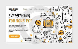 Pets hotel landing page in Doodle style