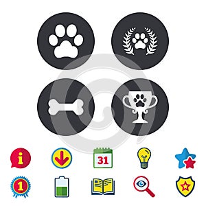 Pets icons. Dog paw sign. Winner laurel wreath.