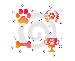Pets icons. Dog paw sign. Winner laurel wreath. Vector