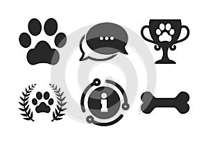 Pets icons. Dog paw sign. Winner laurel wreath. Vector