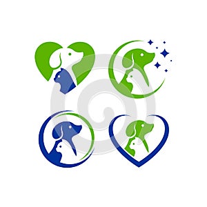 Pets logo concept vector stock illustration. Cat. Dog. Animals. Care. Love. Blue. Green