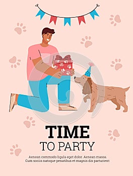 Pets party banner or invitation card template flat cartoon vector illustration.