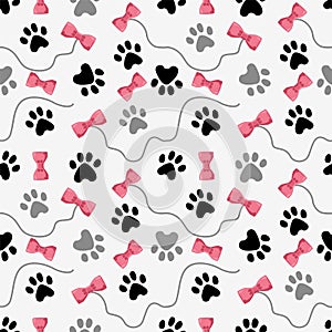 Pets paw pattern. Toys for cats and animal footsteps seamless texture. Pet store vector background. Feline footprints