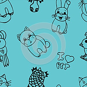 The pets seamless pattern on green background.