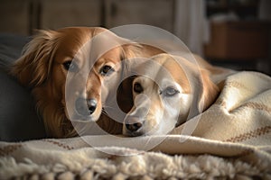 pets snuggling on a warm blanket in the winter