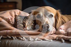 pets snuggling on a warm blanket in the winter