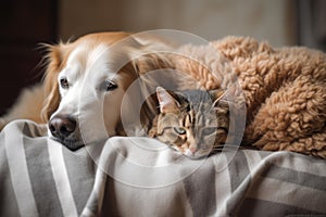 pets snuggling on a warm blanket in the winter