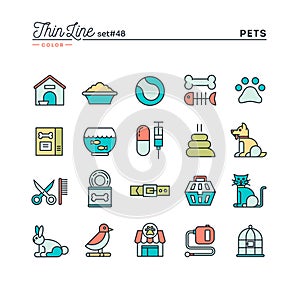 Pets, thin line color icons set