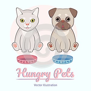 Cat and dog pets set. Cartoonish cute illustration. Postcard template with hungry pets. Kitty and puppy, pug and cat sitting and w