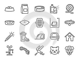 Petshop line icon set. Included icons as pet shop, pets, cat, dog, vitamin, toy and more.