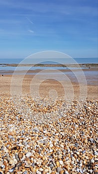 Pett level beach in England, UK. Stone beach in Britain.