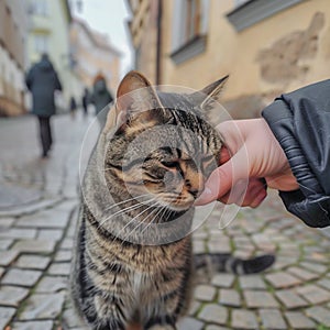 petting a stray cat on the street