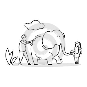 Petting zoo icon. Dad and girl playing with elephant. Simple vector illustration