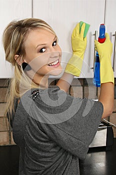 Petty Blonde Housewife Cleaning Cupboards