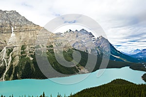 Peyto Lake, Canada. Turquoise lake water, rocky mountains.