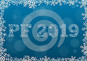 PF 2019 - white text made of snowflakes on background with bokeh effect