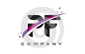 PF P F Black Letter Logo Design with Purple Magenta Swoosh