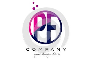 PF P F Circle Letter Logo Design with Purple Dots Bubbles