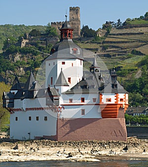 The Pfalzgrafenstein in the Rhine at Kaub with burg Gutenfels in the background. Rhine Vally Germany