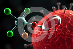 PFAS molecule interacts with a human cell. Visualization of the cell interaction process. The concept of environmental cleanliness