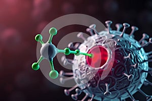 PFAS molecule interacts with a human cell. Visualization of the process of cell interaction. Environmental cleanliness concept