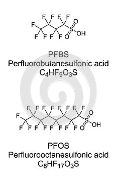 PFBS and PFOS, a surfactant, chemical formula and skeletal structure
