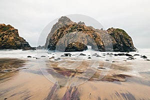 Pfeiffer Beach is a rocky coastling situated at the Big Sur west coast of California. Tourism, travel USA, United States of